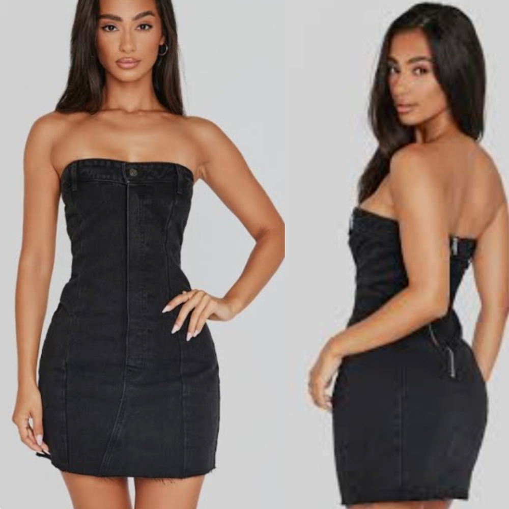 PrettyLittleThing Black Denim Strapless Babdeau Mini Dress
